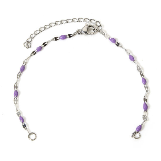 Picture of 1 Piece 304 Stainless Steel Lips Chain Semi-finished Bracelets For DIY Handmade Jewelry Making Silver Tone Purple Enamel 15.5cm(6 1/8") long