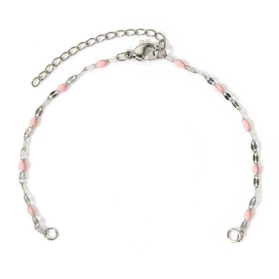 Picture of 1 Piece 304 Stainless Steel Lips Chain Semi-finished Bracelets For DIY Handmade Jewelry Making Silver Tone Pink Enamel 15.5cm(6 1/8") long