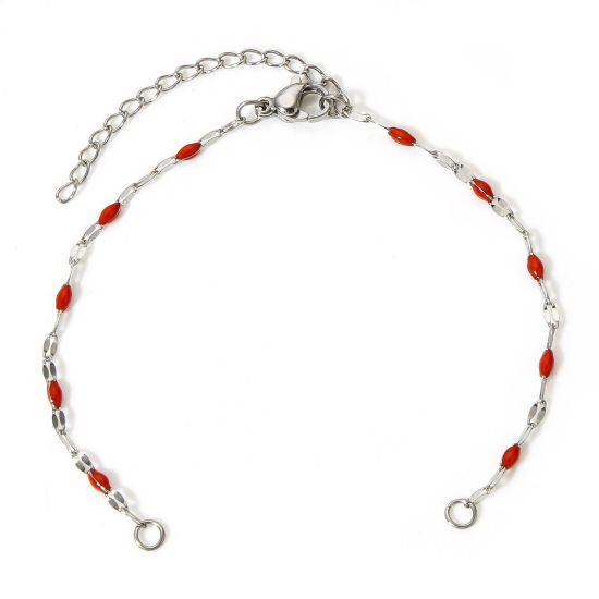 Picture of 1 Piece 304 Stainless Steel Lips Chain Semi-finished Bracelets For DIY Handmade Jewelry Making Silver Tone Red Enamel 15.5cm(6 1/8") long