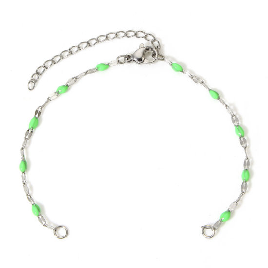 Picture of 1 Piece 304 Stainless Steel Lips Chain Semi-finished Bracelets For DIY Handmade Jewelry Making Silver Tone Green Enamel 15.5cm(6 1/8") long