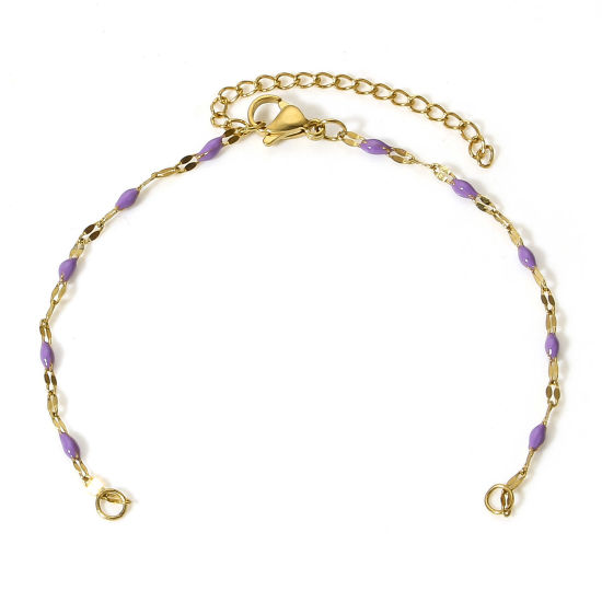 Picture of 1 Piece Vacuum Plating 304 Stainless Steel Lips Chain Semi-finished Bracelets For DIY Handmade Jewelry Making Gold Plated Purple Enamel 15.5cm(6 1/8") long