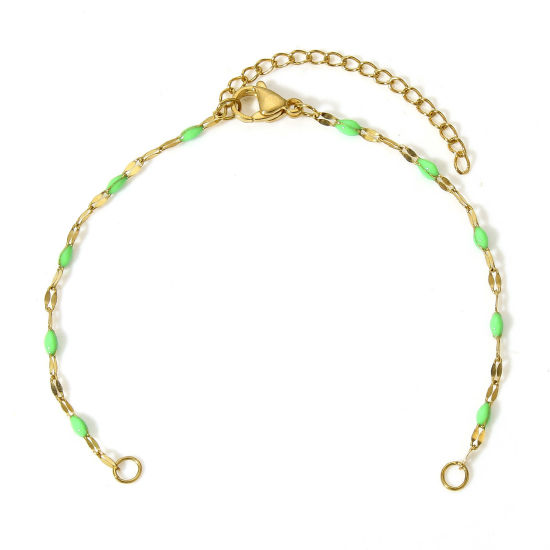 Picture of 1 Piece Vacuum Plating 304 Stainless Steel Lips Chain Semi-finished Bracelets For DIY Handmade Jewelry Making Gold Plated Green Enamel 15.5cm(6 1/8") long