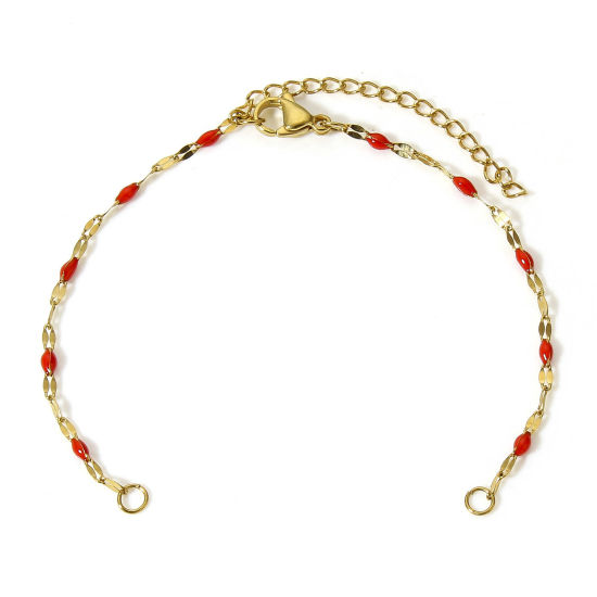 Picture of 1 Piece Vacuum Plating 304 Stainless Steel Lips Chain Semi-finished Bracelets For DIY Handmade Jewelry Making Gold Plated Red Enamel 15.5cm(6 1/8") long