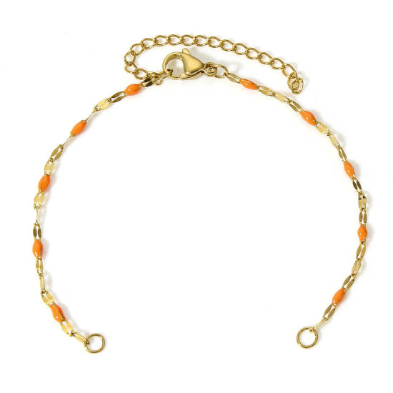 Picture of 1 Piece Vacuum Plating 304 Stainless Steel Lips Chain Semi-finished Bracelets For DIY Handmade Jewelry Making Gold Plated Orange Enamel 15.5cm(6 1/8") long