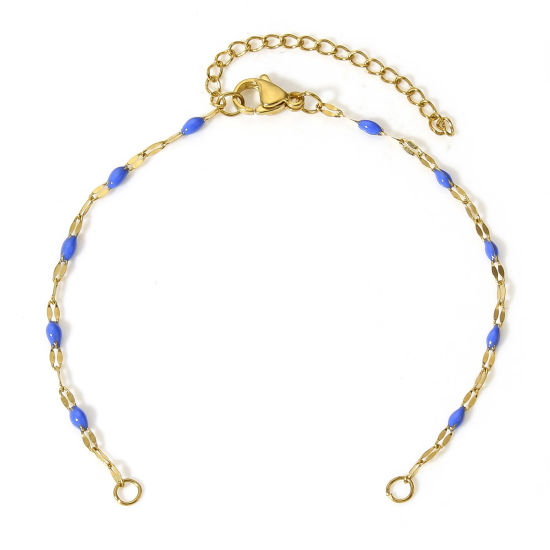 Picture of 1 Piece Vacuum Plating 304 Stainless Steel Lips Chain Semi-finished Bracelets For DIY Handmade Jewelry Making Gold Plated Royal Blue Enamel 15.5cm(6 1/8") long