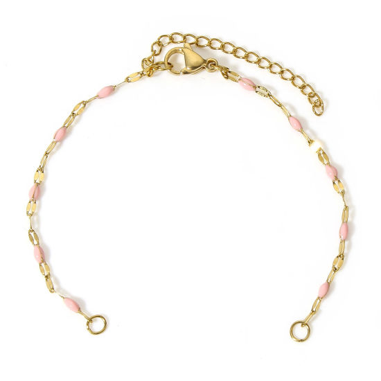 Picture of 1 Piece Vacuum Plating 304 Stainless Steel Lips Chain Semi-finished Bracelets For DIY Handmade Jewelry Making Gold Plated Pink Enamel 15.5cm(6 1/8") long