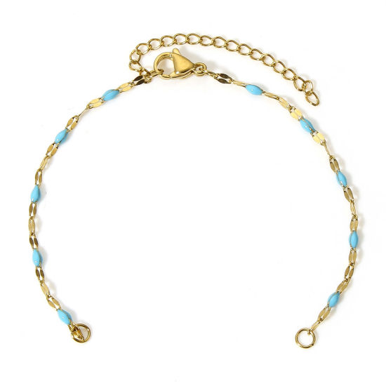 Picture of 1 Piece Vacuum Plating 304 Stainless Steel Lips Chain Semi-finished Bracelets For DIY Handmade Jewelry Making Gold Plated Skyblue Enamel 15.5cm(6 1/8") long