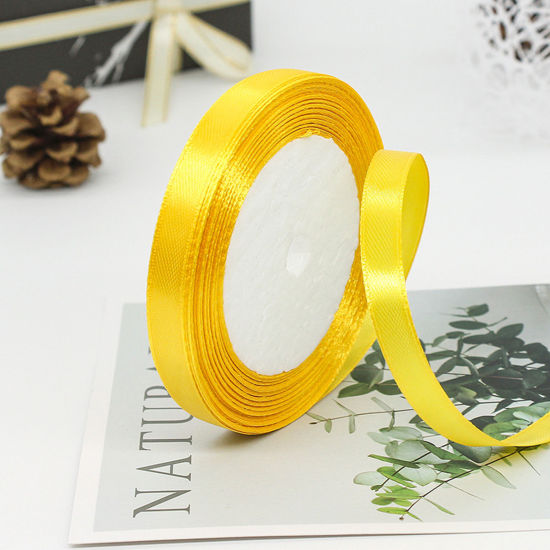 Picture of 1 Roll (Approx 25 Yards/Roll) Satin Ribbon DIY Wedding Party Gift Wrapping Sewing Craft Decoration Golden Yellow 10mm