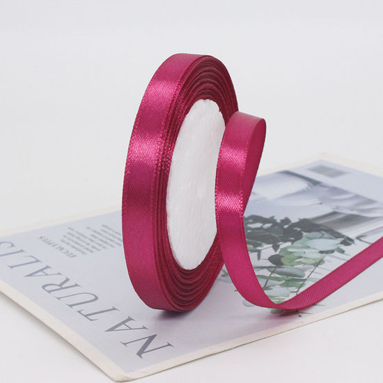 Image de 1 Rouleau (Env. 25 Yards/Rouleau) Rubans Emballage Cadeau de Fête de Mariage Bricolage Décoration Artisanale de Couture en Satin Fuchsia Foncé 10mm