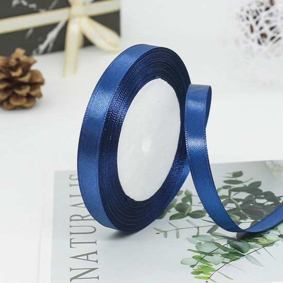 Image de 1 Rouleau (Env. 25 Yards/Rouleau) Rubans Emballage Cadeau de Fête de Mariage Bricolage Décoration Artisanale de Couture en Satin Bleu Foncé 10mm