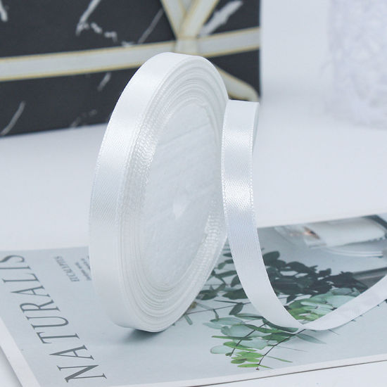 Image de 1 Rouleau (Env. 25 Yards/Rouleau) Rubans Emballage Cadeau de Fête de Mariage Bricolage Décoration Artisanale de Couture en Satin Blanc 10mm