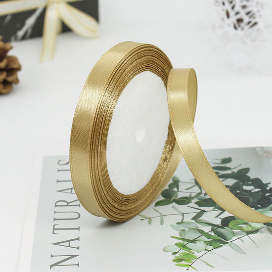 Picture of 1 Roll (Approx 25 Yards/Roll) Satin Ribbon DIY Wedding Party Gift Wrapping Sewing Craft Decoration Champagne Gold 10mm