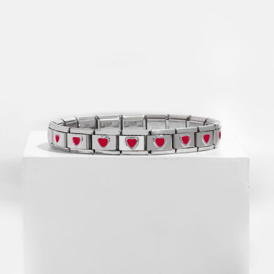 Image de 1 Pièce Bracelets Modulaires à Maillons de Pendentifs Italiens 18 Liens en 304 Acier Inoxydable Argent Mat Rouge Rectangle Cœur Émail 20cm long