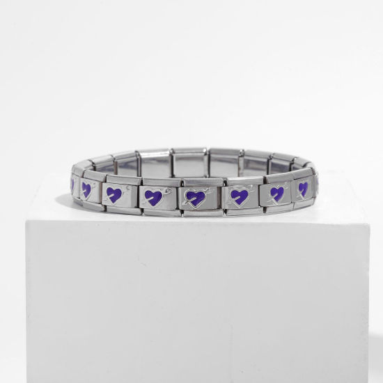 Image de 1 Pièce Bracelets Modulaires à Maillons de Pendentifs Italiens 18 Liens en 304 Acier Inoxydable Argent Mat Violet Rectangle Cœur Émail 20cm long