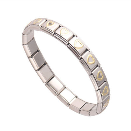 Picture of 1 Piece 304 Stainless Steel Italian Charm 18 Links Modular Bracelets Silver Tone Rectangle Heart 20cm(7 7/8") long
