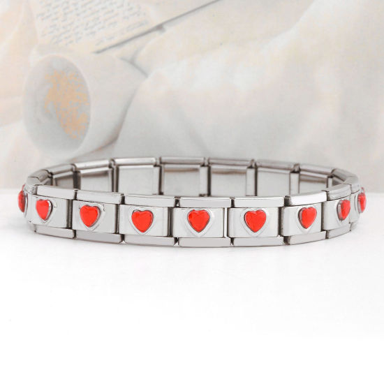 Image de 1 Pièce Bracelets Modulaires à Maillons de Pendentifs Italiens 18 Liens en 304 Acier Inoxydable Argent Mat Rectangle Cœur à Strass Rouge 20cm long