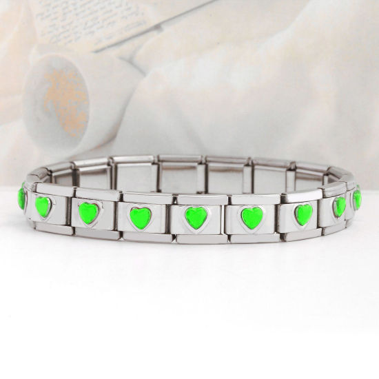 Image de 1 Pièce Bracelets Modulaires à Maillons de Pendentifs Italiens 18 Liens en 304 Acier Inoxydable Argent Mat Rectangle Cœur à Strass Vert 20cm long