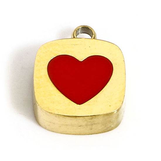 Picture of 1 Piece Eco-friendly PVD Vacuum Plating 304 Stainless Steel Stylish Charms 18K Real Gold Plated Red Square Heart Enamel 11mm x 9mm