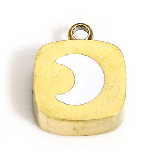 Picture of 1 Piece Eco-friendly PVD Vacuum Plating 304 Stainless Steel Stylish Charms 18K Real Gold Plated White Square Moon Enamel 11mm x 9mm