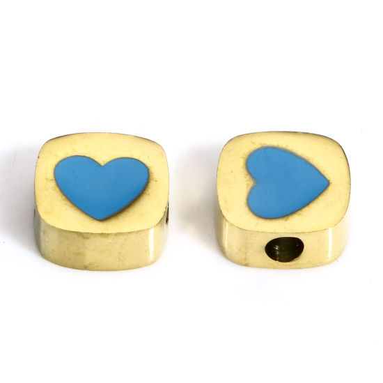 Picture of 1 Piece Vacuum Plating 304 Stainless Steel Stylish Beads For DIY Charm Jewelry Making Square Gold Plated Blue Heart Enamel 8mm x 8mm, Hole: Approx 2mm