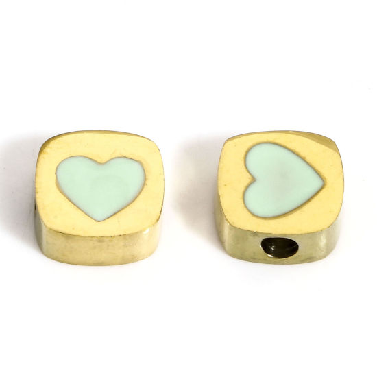 Bild von 1 Stück Vakuumbeschichtung 304 Edelstahl Stilvoll Perlen für die Herstellung von DIY-Charme-Schmuck Quadrat Vergoldet Grün Herz Emaille 8mm x 8mm, Loch: ca. 2mm