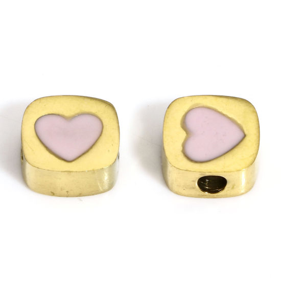 Bild von 1 Stück Vakuumbeschichtung 304 Edelstahl Stilvoll Perlen für die Herstellung von DIY-Charme-Schmuck Quadrat Vergoldet Rosa Herz Emaille 8mm x 8mm, Loch: ca. 2mm