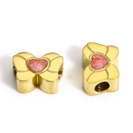 Picture of 1 Piece Eco-friendly PVD Vacuum Plating Waterproof Anti-Tarnish Hypoallergenic 304 Stainless Steel Stylish Beads For DIY Jewelry Making Butterfly Animal 18K Real Gold Plated Red Heart Enamel 8mm x 5.5mm, Hole: Approx 2mm