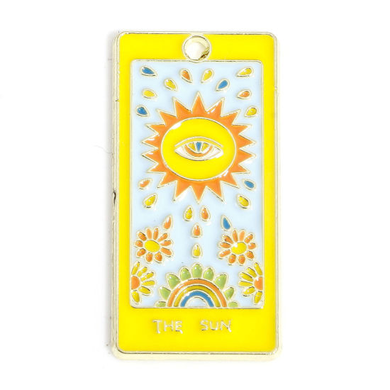 Picture of 10 PCs Zinc Based Alloy Tarot Pendants Gold Plated Multicolor Rectangle Message " THE SUN " Enamel 3cm x 1.5cm