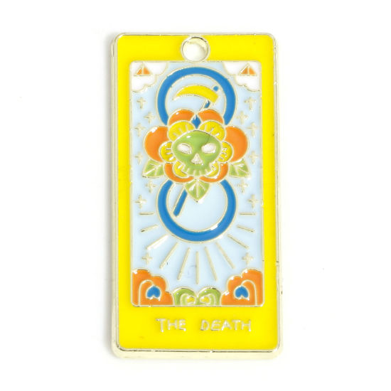 Picture of 10 PCs Zinc Based Alloy Tarot Pendants Gold Plated Multicolor Rectangle Message " DEATH " Enamel 3cm x 1.5cm