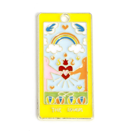 Picture of 10 PCs Zinc Based Alloy Tarot Pendants Gold Plated Multicolor Rectangle Message " THE LOVERS " Enamel 3cm x 1.5cm