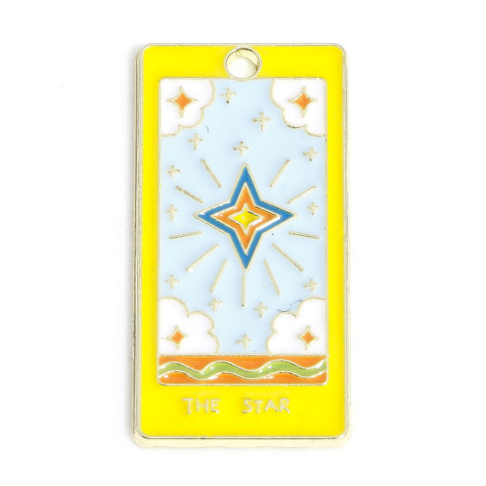 Picture of 10 PCs Zinc Based Alloy Tarot Pendants Gold Plated Multicolor Rectangle Message " THE STAR " Enamel 3cm x 1.5cm