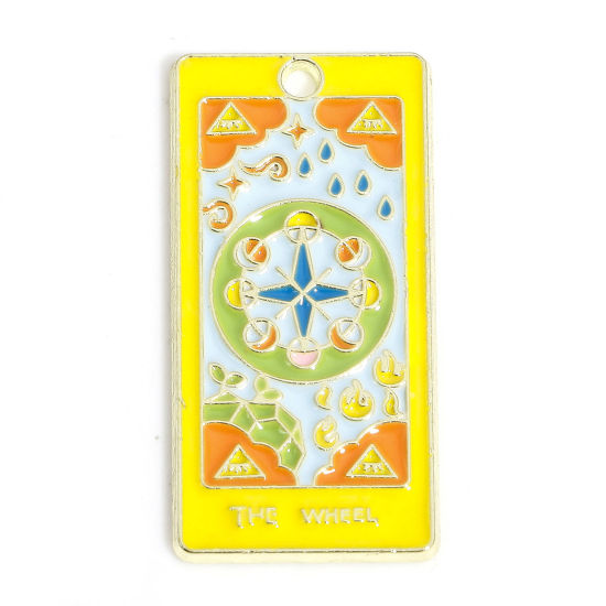 Picture of 10 PCs Zinc Based Alloy Tarot Pendants Gold Plated Multicolor Rectangle Message " THE WHEEL OF FORTUNE " Enamel 3cm x 1.5cm