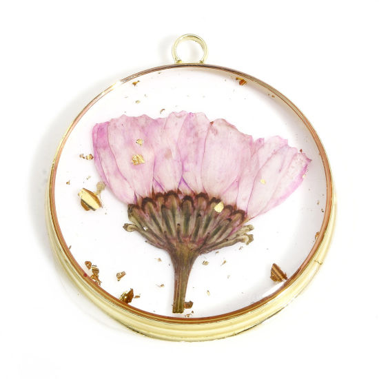 Picture of 2 PCs Zinc Based Alloy Handmade Resin Jewelry Real Flower Pendants Round Gold Plated 3.4cm x 3cm