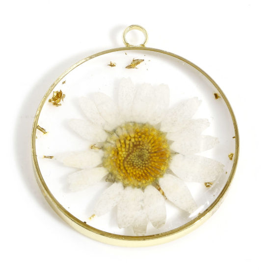 Picture of 2 PCs Zinc Based Alloy Handmade Resin Jewelry Real Flower Pendants Round Gold Plated 3.4cm x 3cm