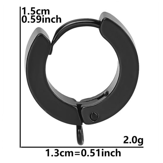 Picture of 2 PCs Eco-friendly PVD Vacuum Plating 304 Stainless Steel Hoop Earrings For DIY Jewelry Making Accessories Round Black With Loop 15mm x 13mm