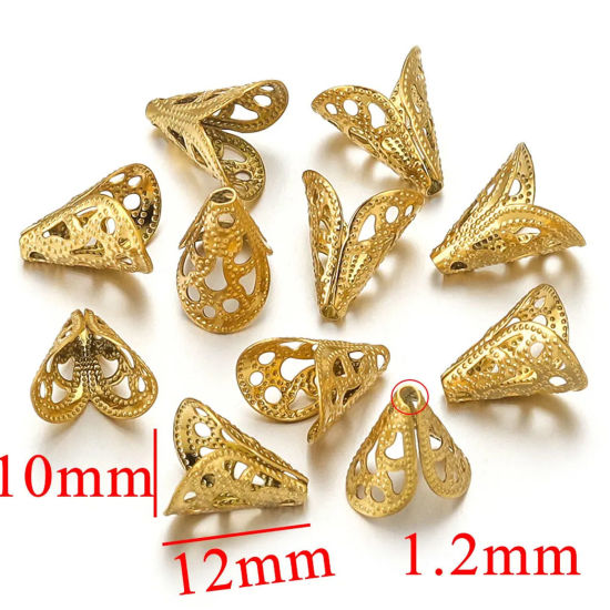 Bild von 10 Stück Umweltfreundliche Vakuumbeschichtung 304 Edelstahl Perlen Endkappen Trichter 18K Gold plattiert (Für 8mm Perlen) 12mm x 10mm