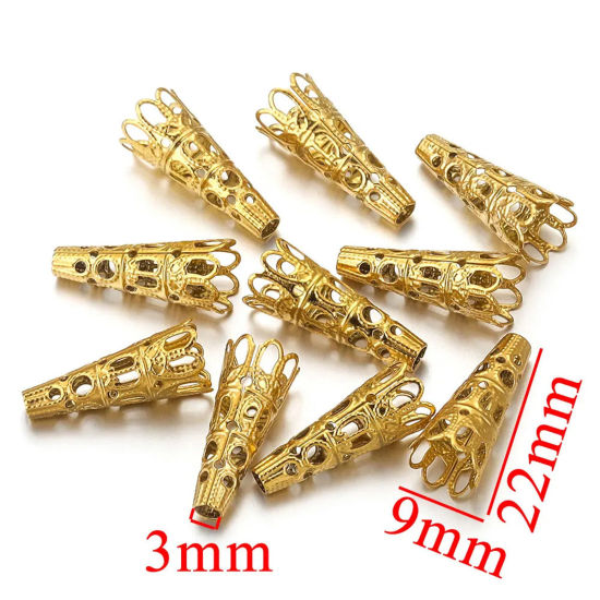 Bild von 10 Stück Umweltfreundliche Vakuumbeschichtung 304 Edelstahl Perlen Endkappen Trichter 18K Gold plattiert (Für 8mm Perlen) 22mm x 9mm