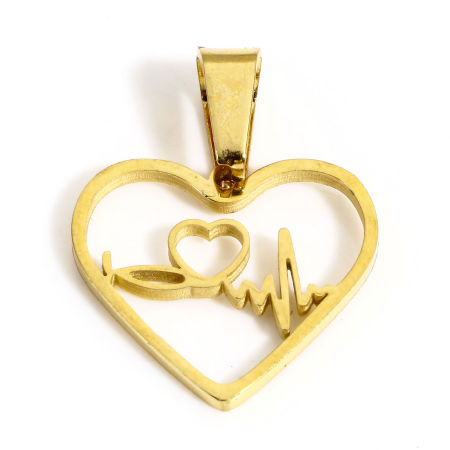 Picture of 1 Piece Vacuum Plating 304 Stainless Steel Stylish Charms Gold Plated Heart Medical Heartbeat/ Electrocardiogram Hollow 23mm x 18mm