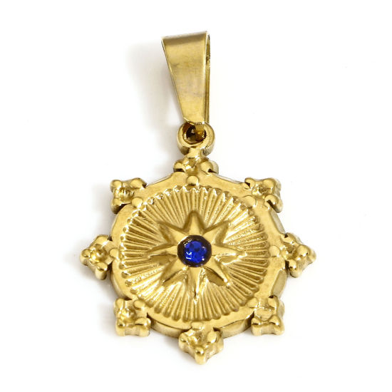 Picture of 1 Piece Vacuum Plating 304 Stainless Steel Galaxy Charms Gold Plated Round Sun Blue Rhinestone 22mm x 14.5mm