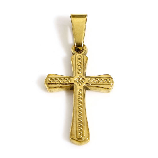 Picture of 1 Piece Vacuum Plating 304 Stainless Steel Religious Charms Gold Plated Cross 24.5mm x 12mm
