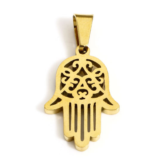 Picture of 1 Piece Vacuum Plating 304 Stainless Steel Religious Charms Gold Plated Hamsa Symbol Hand 29mm x 14.5mm