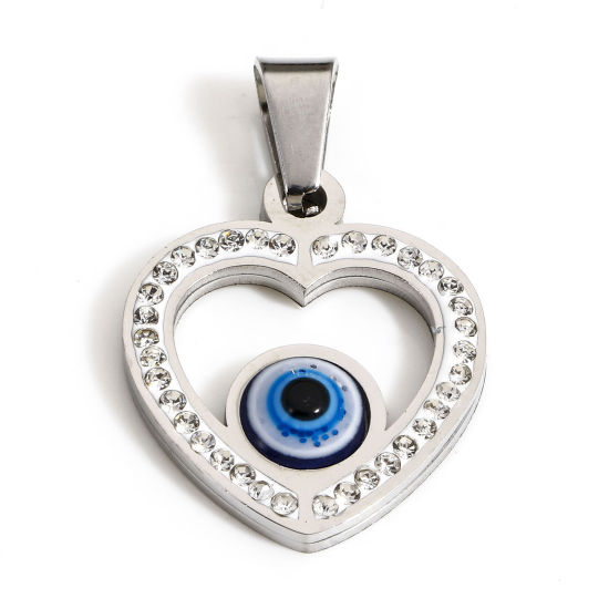 Picture of 1 Piece Eco-friendly 304 Stainless Steel Religious Charms Silver Tone Heart Evil Eye Clear Rhinestone 26mm x 17.5mm