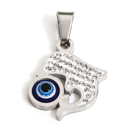 Picture of 1 Piece Eco-friendly 304 Stainless Steel Religious Charms Silver Tone Dolphin Animal Evil Eye Clear Rhinestone 26mm x 18mm