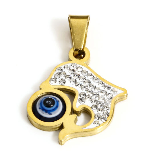 Picture of 1 Piece Vacuum Plating 304 Stainless Steel Religious Charms Gold Plated Dolphin Animal Evil Eye Clear Rhinestone 26mm x 18mm