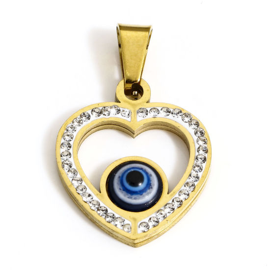 Picture of 1 Piece Vacuum Plating 304 Stainless Steel Religious Charms Gold Plated Heart Evil Eye Clear Rhinestone 26mm x 17.5mm