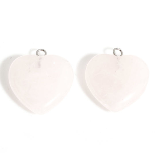 Picture of 1 Piece Rose Quartz ( Natural ) Charms Light Pink Heart 23mm x 20.5mm