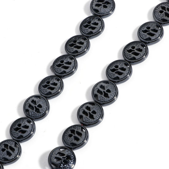 Picture of 1 Strand (Approx 33 PCs/Strand) (Grade A) Hematite ( Natural ) Beads For DIY Charm Jewelry Making Flat Round Black Tree About 12.5mm Dia, Hole: Approx 1mm, 40cm(15 6/8") long