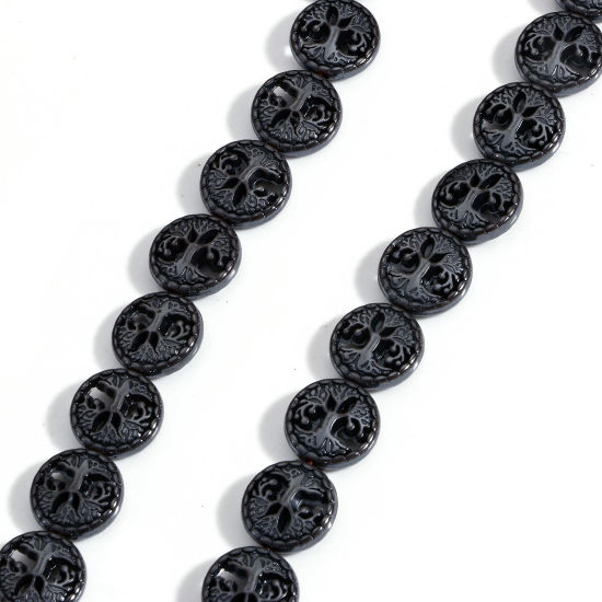Picture of 1 Strand (Approx 32 PCs/Strand) (Grade A) Hematite ( Natural ) Beads For DIY Charm Jewelry Making Round Black Tree of Life About 13mm Dia, Hole: Approx 1mm, 40cm(15 6/8") long