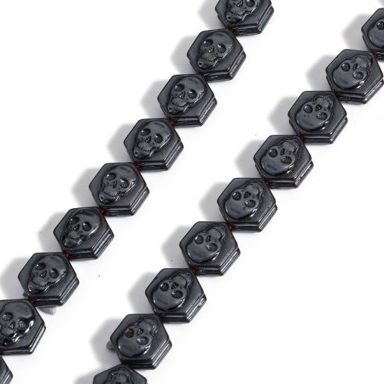 Picture of 1 Strand (Approx 40 PCs/Strand) (Grade A) Hematite ( Natural ) Beads For DIY Charm Jewelry Making Hexagon Black Skull About 10.5mm x 9mm, Hole: Approx 1mm, 41.5cm(16 3/8") long