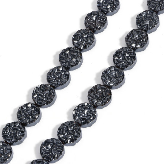 Picture of 1 Strand (Approx 40 PCs/Strand) (Grade A) Hematite ( Natural ) Beads For DIY Charm Jewelry Making Flat Round Black About 10mm Dia, Hole: Approx 1mm, 40cm(15 6/8") long